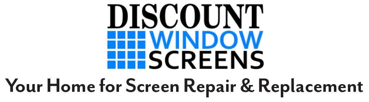 Discount Window Screens logo with black and blue text and grid icon